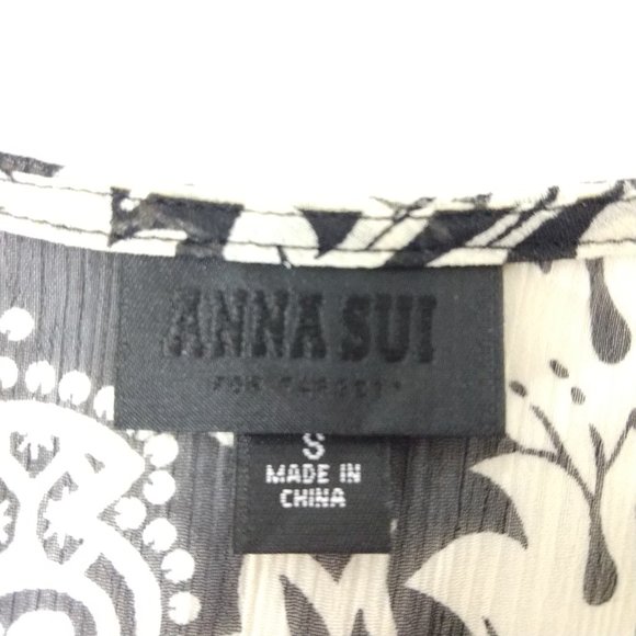 Anna Sui Floral Sheer V-neck Slit Short Sleeves Blouse Top Black Beige Size S - Picture 4 of 12